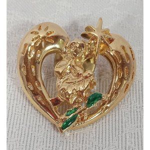 Vintage Mary Baby Jesus Nativity Christmas Holly Gold Tone Heart Shaped Lapel Pi
